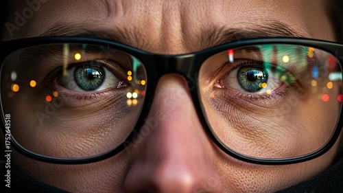 Intense gaze reflects city life, man lost in thought, urban observer, modern reflection