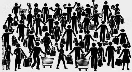 A large, diverse crowd of eager shoppers, represented by simple silhouettes, actively engages in a bustling retail event, highlighting consumerism and seasonal sales.