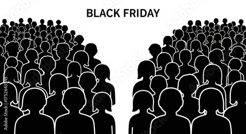Vast crowds of anonymous black silhouettes eagerly anticipate the start of Black Friday sales, symbolizing the intense rush and excitement of consumerism.
