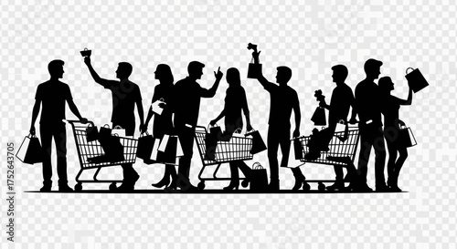 Energetic silhouettes of diverse shoppers joyfully engage in a bustling retail environment, pushing carts and carrying bags filled with discounted goods.