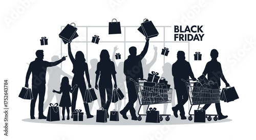 A vibrant graphic illustration depicts diverse silhouettes of happy shoppers, celebrating incredible Black Friday deals and substantial holiday savings.