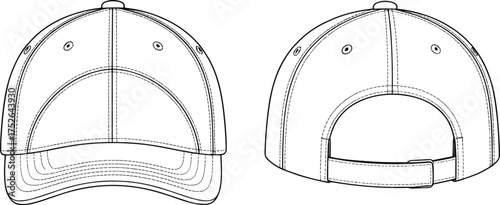 Baseball cap front and back flat sketch, vector fashion template, adjustable hat CAD drawing, headwear design outline, apparel illustration