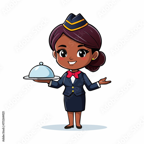 Cartoon stewardess with tray vector illustration for hospitality concepts