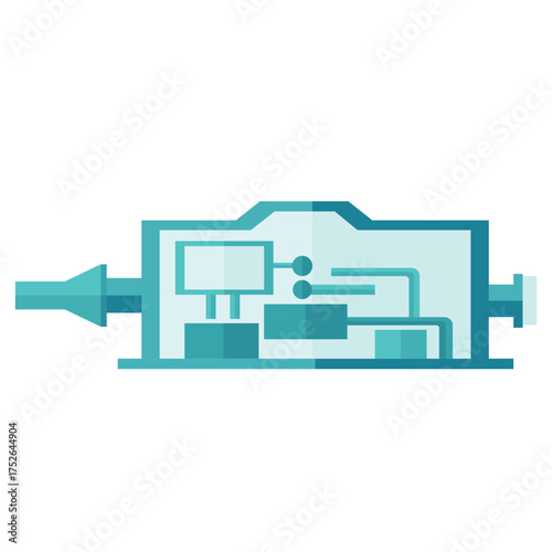 Flat style illustration of industrial pipeline system with control panel and valve mechanism in modern blue tone isolated on white background
