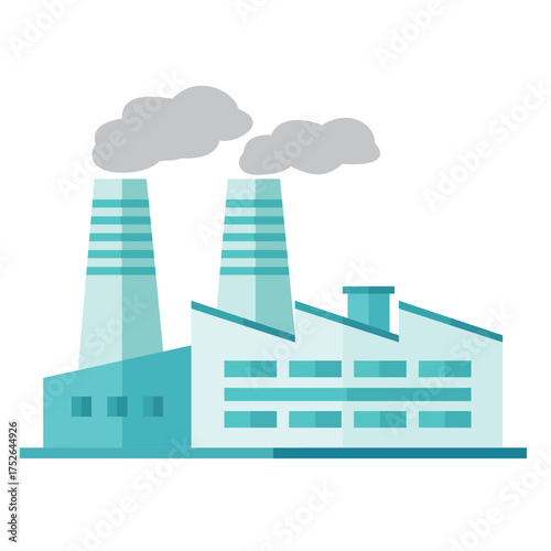Flat style illustration of industrial factory building with smoking chimneys and modern plant structure on white background