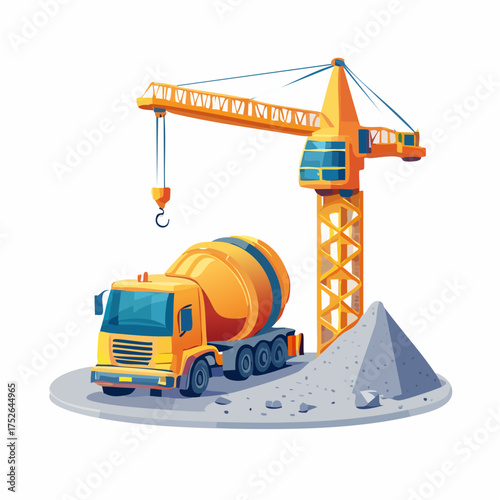 Construction scene illustration with cement truck crane and materials isolated