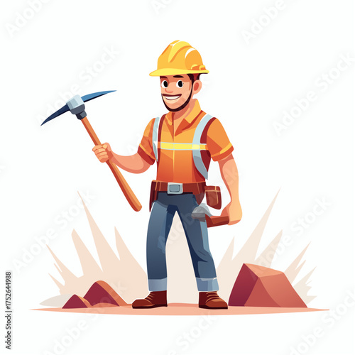 Construction worker illustration holding pickaxe hard hat smiling