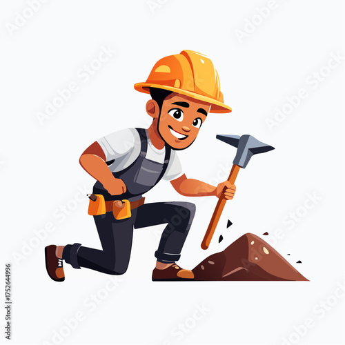 Construction worker with pickaxe cartoon illustration on white background