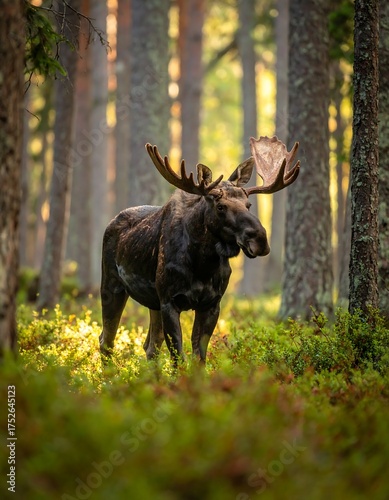 Majestic moose stands in a sunlit forest with vibrant green vegetation