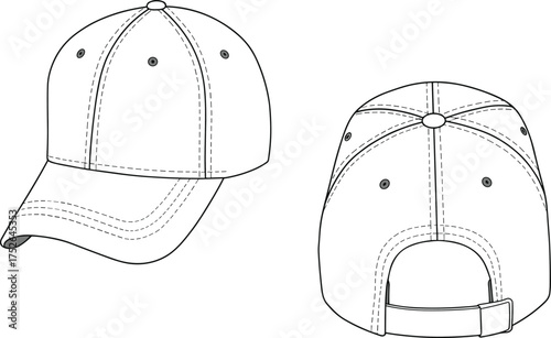 Baseball cap technical flat, front and back view, vector apparel design, fashion cad drawing, hat outline sketch, adjustable cap illustration