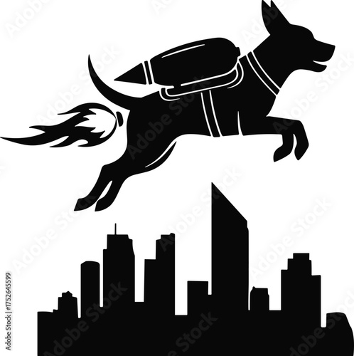 Silhouette dog flying with jetpack above city skyline, cartoon animal illustration, fantasy urban concept, futuristic motion design, white background
