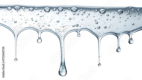 Clear Liquid Dripping with Bubbles Against Black Background Represents Purity and Hydration Concepts