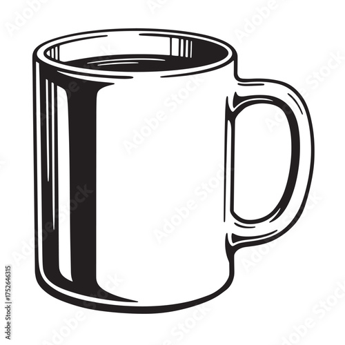 A simple black and white illustration of a coffee mug filled with liquid