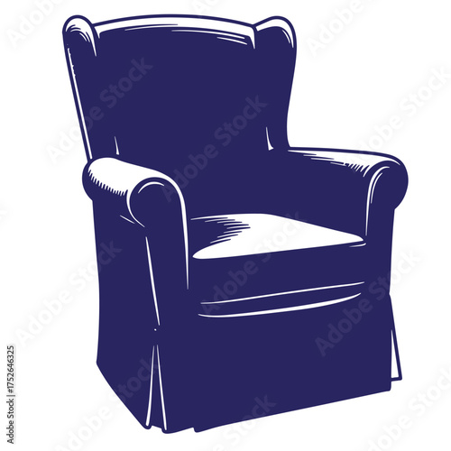 A comfortable wingback chair illustration in a deep blue color perfect for interior design