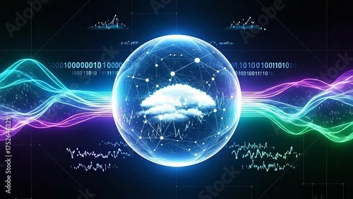 Futuristic Cloud Computing Concept with Neon Waves and Data Visualization.