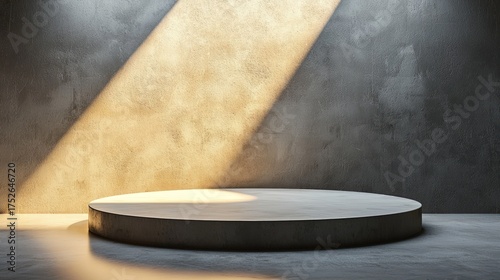 Empty Round Podium with Dramatic Sunlight on Concrete Wall.