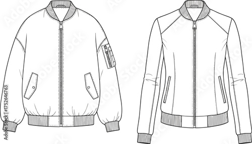 Bomber jacket and slim fit jacket technical flat sketch, front view CAD drawing, vector fashion design template for apparel illustration