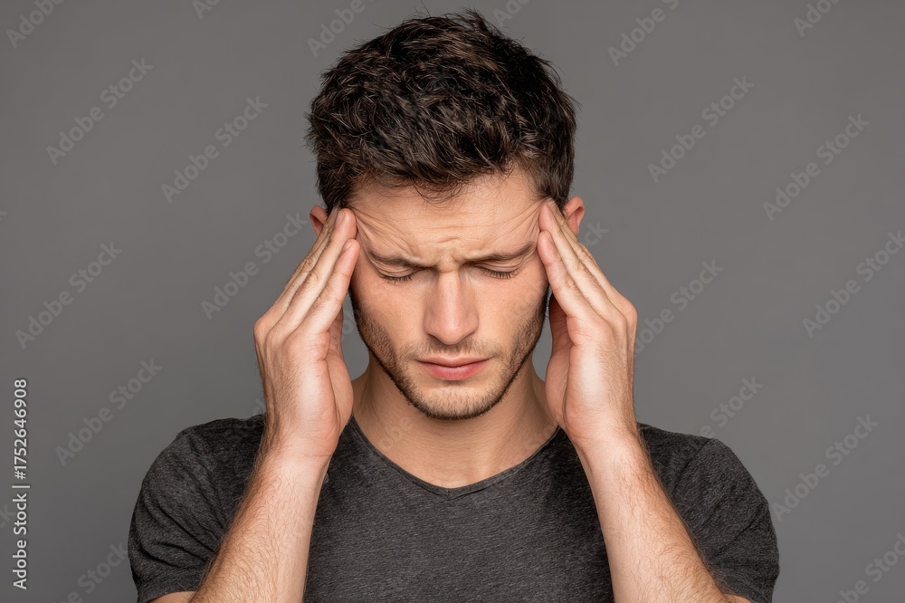 Naklejka premium Tired Young Man Pressing Temples in Simple Gray T-Shirt