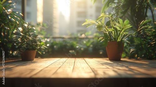 Wooden table with plants and sunlight, perfect for display.