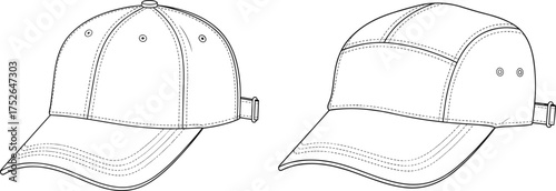 Baseball cap and five panel hat technical flat sketch, CAD drawing vector illustration, fashion accessory design, apparel template, adjustable headwear design