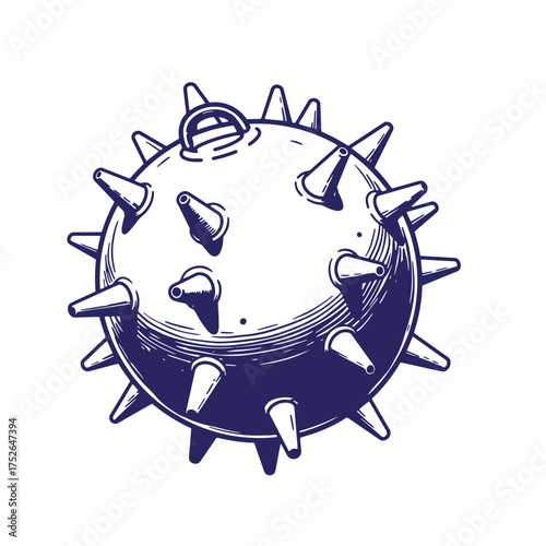 Detailed engraved illustration of a spiked sphere in vintage style with decorative elements