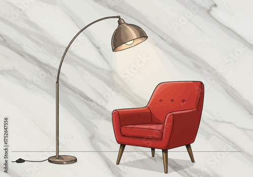 Hand-Drawn Modern Red Armchair with Floor Lamp Illustration