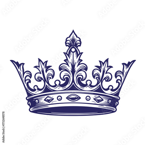 Detailed engraved royal crown design in navy blue isolated on white background