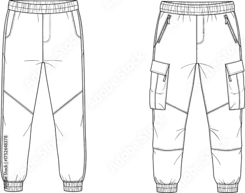 Cargo pants and jogger pants technical flat sketch, fashion design CAD drawing, clothing vector template, streetwear apparel illustration, sewing pattern