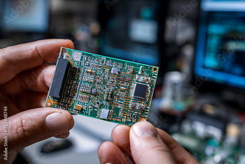 Obraz na płótnie Hands holding circuit board integrating electronic components
