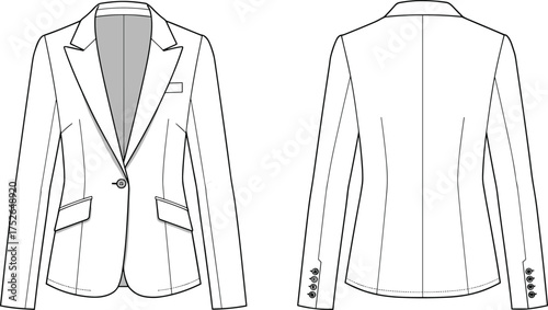 Classic blazer technical flat, front and back view, fashion cad drawing, vector apparel design, clothing outline sketch, formal jacket illustration