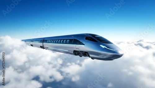 Futuristic High-Speed Train Soaring Through Clouds in a Blue Sky.