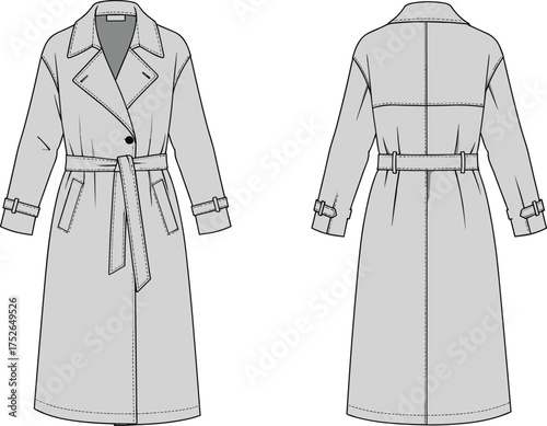 Classic trench coat technical flat, fashion design sketch, CAD clothing template, vector apparel illustration, garment outline drawing for pattern making