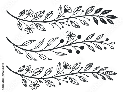Decorative floral branches and leaves silhouettes for design