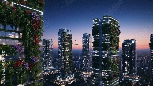 Futuristic Eco-Friendly Skyscrapers in a Modern Urban Environment at Dusk.
