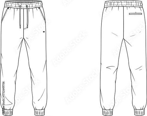Comfortable jogger sweatpants technical flat sketch, front and back view, casual fashion design template, drawstring trousers vector, apparel sewing pattern illustration