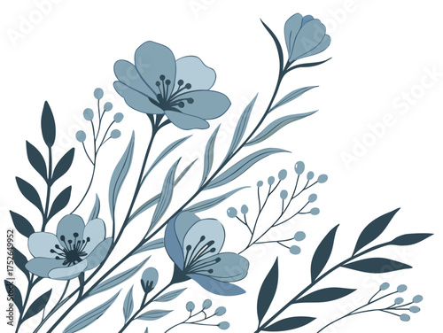 Delicate blue floral arrangement with green leaves