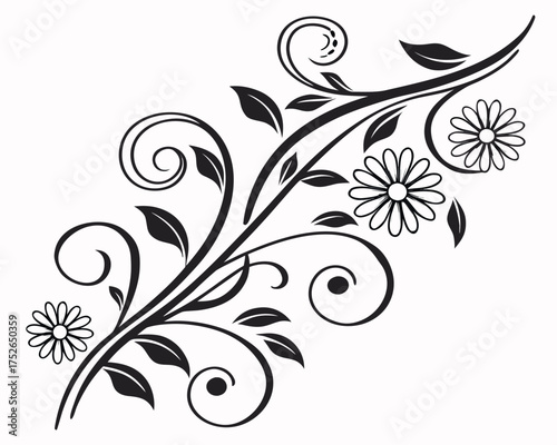 Elegant black and white floral swirl design with flowers