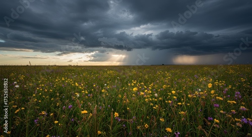 Dramatic Storm Clouds Over Wildflower Meadow, Golden Hour Light.