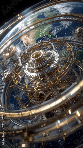 Wallpaper Mural A floating gear mechanism rotates slowly in space, hyperrealistic and detailed, evoking futuristic engineering, mechanical precision, and suspended motion. Torontodigital.ca