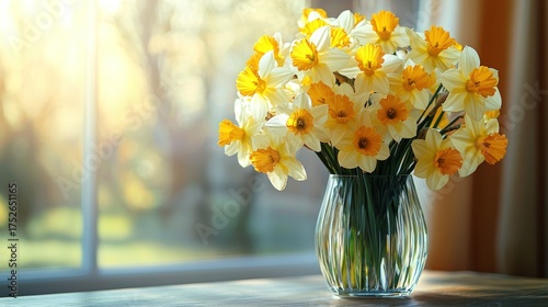 A Beautiful Bouquet of Yellow and White Daffodils in a Glass Vase by the Window.