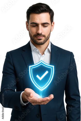 Man in suit holding glowing shield isolated on transparent background