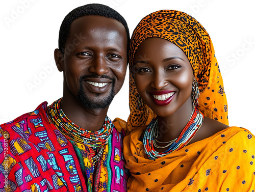 Front view mid-body shot of an extremely beautiful Sudanese couple in traditional clothing smiling isolated on a white transparent background