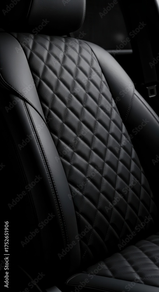 Fototapeta premium Luxurious black quilted leather seat interior with fine stitching.