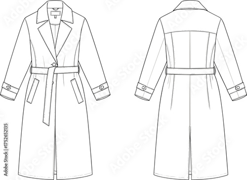 Long trench coat front and back view, fashion cad drawing, vector flat sketch, belted outerwear design, stylish apparel illustration, clothing template