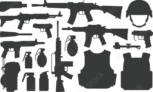 Collection of military weapons and gear silhouettes for security and defense themes