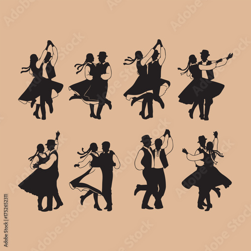 Collection of elegant silhouette couples dancing together in various poses