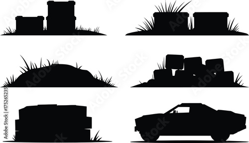 Silhouettes of rustic rural elements including hay bales a vintage car and grass for design