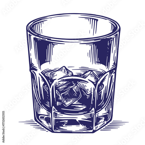 Engraved illustration of a whiskey glass filled with ice cubes against a white background