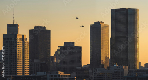 Low angle view of a modern city skyline with towering dark skyscrapers silhouetted against a warm golden hour sky with two small helicopters