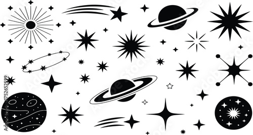 Whimsical hand drawn celestial elements cosmic stars planets constellations and starbursts